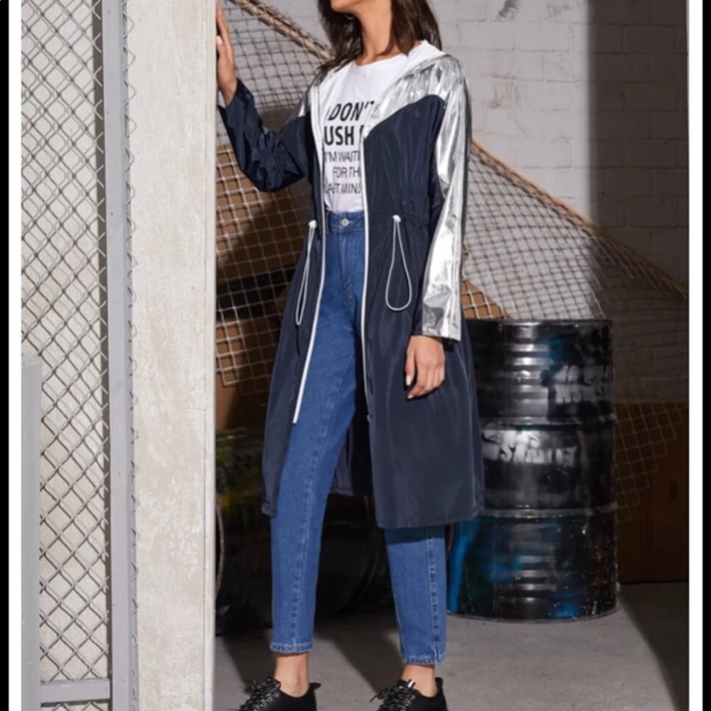 Navy & Silver Drawstring Waist Hooded Windbreaker - Picture 2 of 12